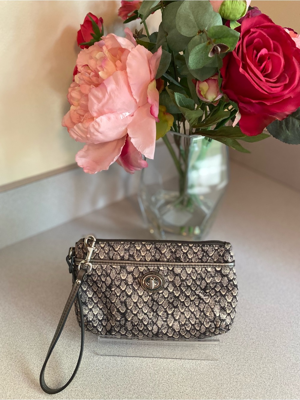Coach Metallic Snake-Embossed Wristlet Clutch - Silver/Black